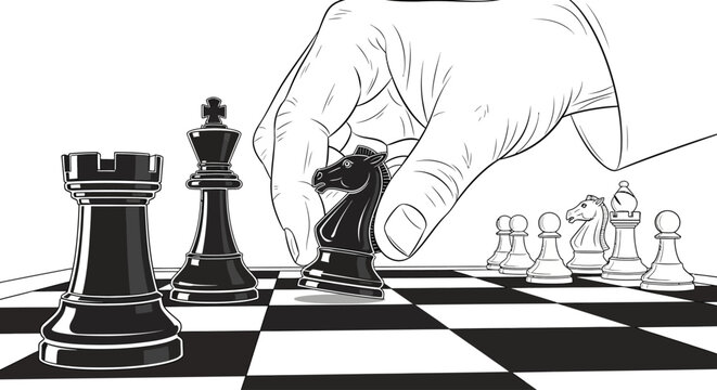Hand moving black knight chess piece on a chessboard