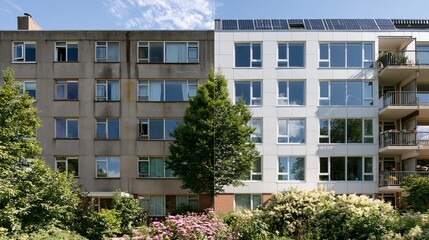Fototapeta premium Side by side view of two apartment buildings showcasing contrasting architectural styles, one with a weathered facade and the other modern with large windows and solar panels