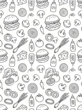 Seamless food doodle vector pattern, black and white outline illustration, vegetables and fast food icons, hand drawn cartoon style, minimal line art, repeating background for wallpaper, textile, wrap