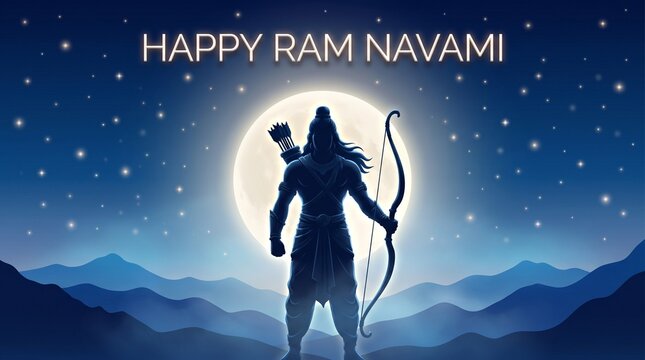 Illustration of lord rama with bow and arrow on a moonlit night, silhouette