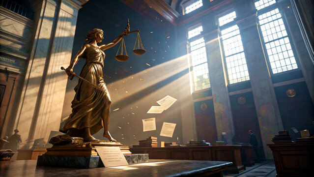 Lady Justice Statue With Scales in Sunlit Courthouse Interior With Floating Legal Documents