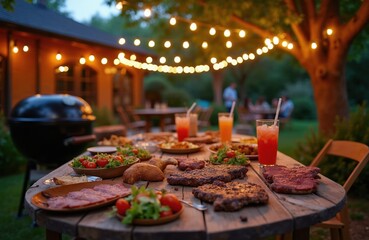 Fototapeta premium Backyard barbecue feast with grilled steaks, salads, drinks, and festive string lights. Friends and family gather around a wooden table for an evening meal.