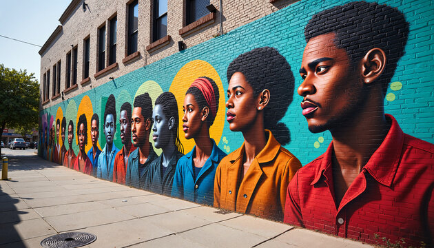 Vibrant street mural showcasing Juneteenth freedom symbols, urban expression