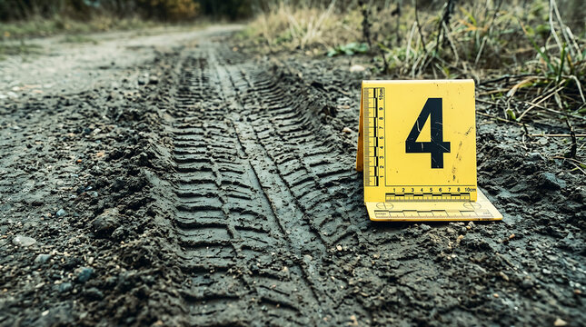 Crime scene evidence marker with tire tracks in mud