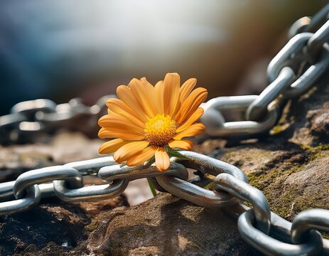 flower grows through broken chain symbolizing resilience and new beginnings
