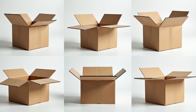 Cardboard boxes in various open and closed positions. Shipping and moving containers are stacked and ready for transport. Empty parcels for delivery and storage.