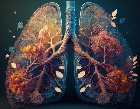 transparent lung cutaway with bronchial tree and floating particles conveying respiratory infection and inflammation scientific medical