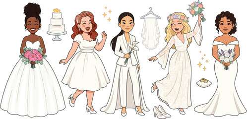 Diverse Brides and Modern Wedding Fashion Vector Set Featuring Women in Different Bridal Gowns, White Pantsuit, Boho Dress, Cake, and Floral Bouquets © Miss