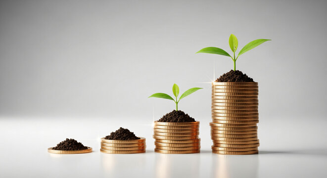 gold coin stacks and seedling, business growth, product shot
