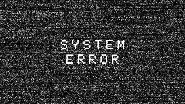 Retro sci-fi system error warning screen with analog TV static distortion