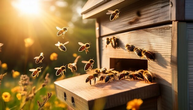 bees gracefully flying towards a rustic hive box showcasing detailed wing motion and a warm harmonious glow
