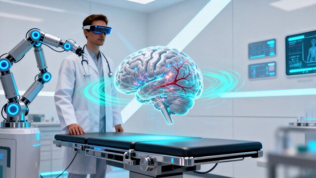 Doctor with virtual brain in futuristic lab