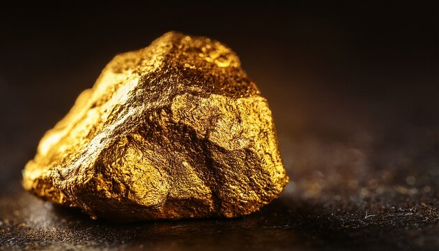 gold ore rock mineral macro photography glowing texture cinematic closeup of raw metallic stone with golden sparkle on dark background copy space
