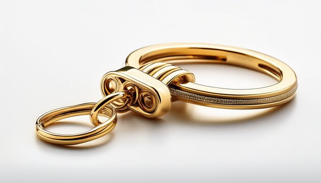 elegant golden keychain with interlocking rings on white background