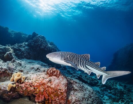 striped zebra shark swimming underwater near coral reef