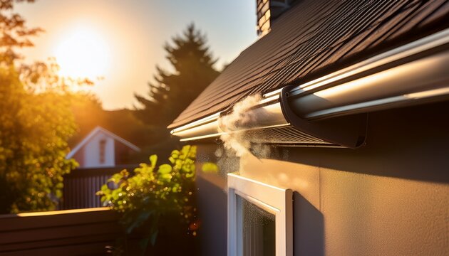 clogged dryer vent releasing lint outside a house in evening light