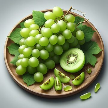 Green Grapes on a wooden plate