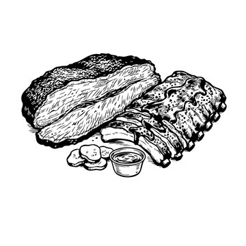 A black and white hand-drawn illustration of sliced beef brisket and BBQ ribs with dipping sauce and pickles.