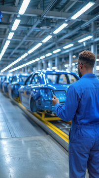 Automotive engineer monitoring vehicle assembly line with digital tablet. Quality control and production management in modern car manufacturing facility.