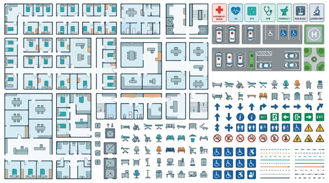 Hospital floor plan vector kit, medical facility architectural layout with patient rooms, healthcare clinic interior map and navigation icons set