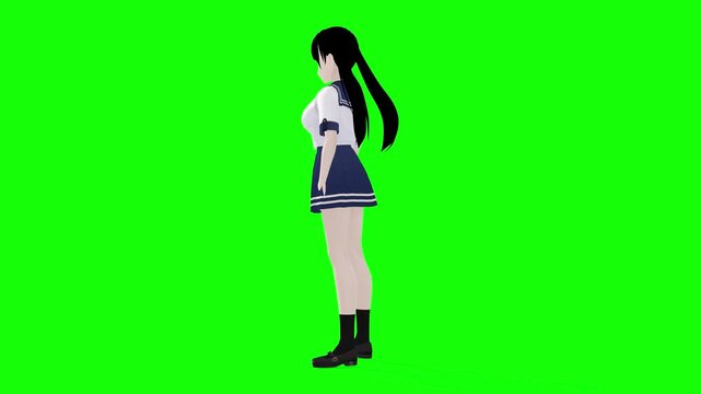 3D Anime School Girl Talking Left Side View on Green Screen