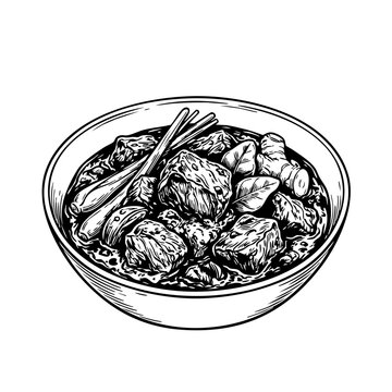 A black and white hand-drawn illustration of a bowl of Indonesian beef stew featuring meat chunks, lemongrass, and aromatic ginger.
