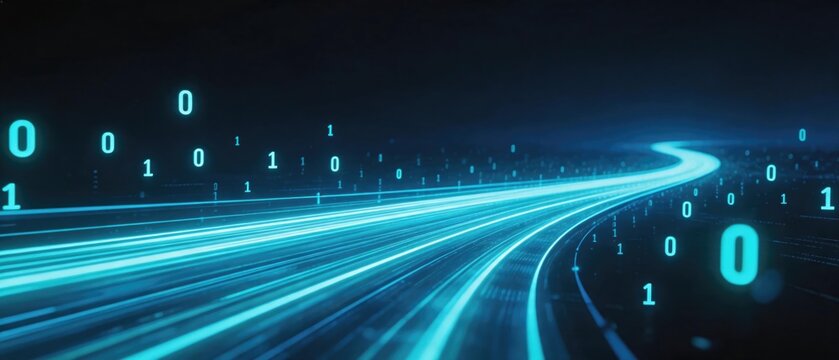 Futuristic big data stream with glowing binary code and high speed digital information flow on dark cyber technology background, idea for AI network analytics