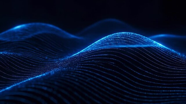 Abstract blue glowing particle waves flowing in dark digital space