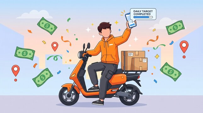 Successful delivery rider celebrating daily target completion amidst falling money and festive confetti, symbolizing achievement and financial reward in the modern gig economy