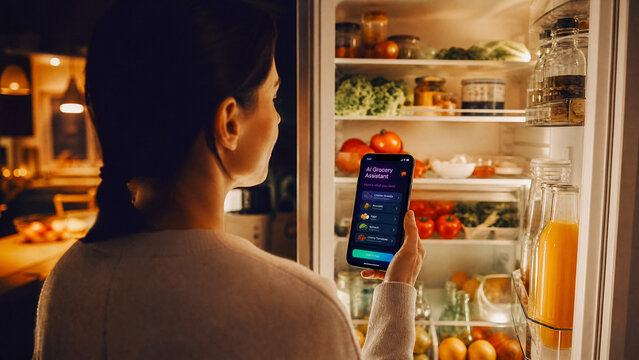 Woman using smartphone ai grocery delivery assistant app in front of open refrigerator
