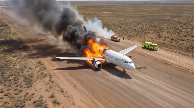 Aviation disaster concept featuring a burning passenger plane on a remote desert runway. Emergency response vehicles attending the crash site.
