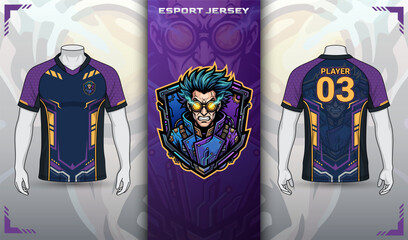 Purple and Gold Esports Jersey Template with Gamer Boy Mascot Logo © FahrezArt