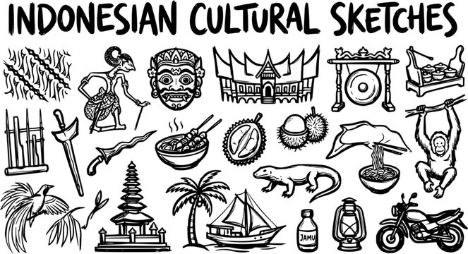 Indonesian Cultural Sketches: Line Art Collection of Traditions, Food, Wildlife, and Transportation