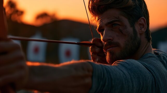 A bearded archer with a weathered complexion focuses intently while pulling back a bowstring during a golden hour practice session at a target range area