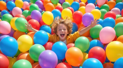 Fototapeta premium Surrounded by colorful balloons, a young boy laughs with pure joy during a birthday party celebration. Indoor play center entertainment for kids.