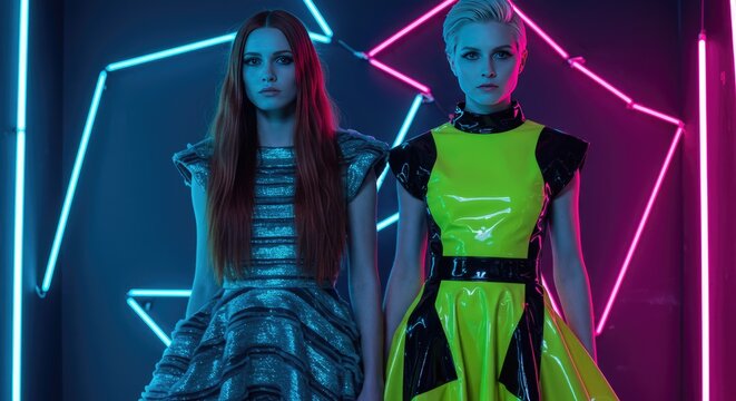 Duas mulheres com trajes futuristas posando em frente a luzes de n&eacute;on geom&eacute;tricas.