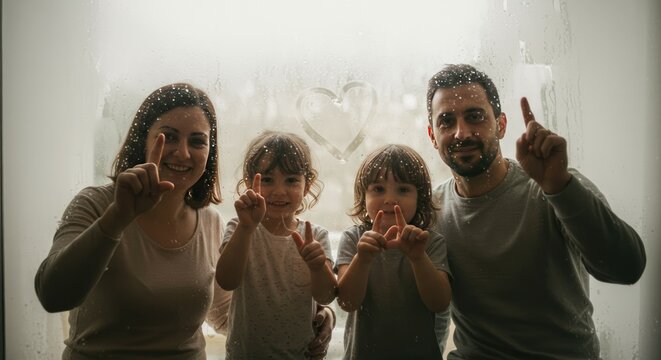 Fam&iacute;lia de quatro pessoas posando junta com os dedos apontando para cima.