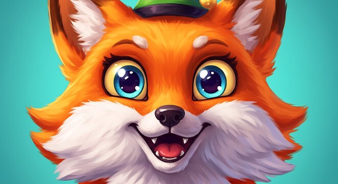 Cartoon Fox with Big Eyes and a Smiling Expression, Green Hat