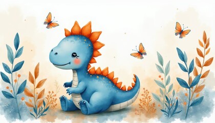 Fototapeta premium Cute blue baby dinosaur sits in soft pastel foliage. Orange butterflies fly around this adorable prehistoric creature. Gentle art style with watercolor effect.