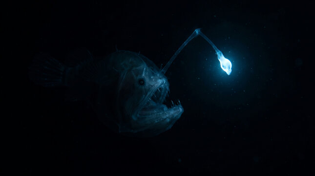 Deep sea anglerfish with glowing lure swimming in dark underwater