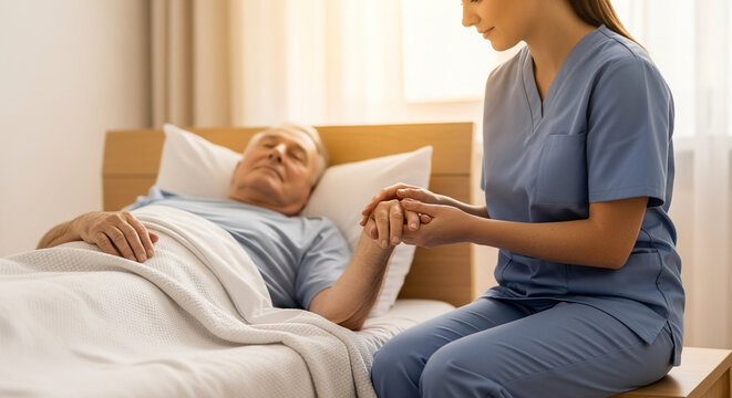 Caring for the elderly A gentle nurse holds the hand of a senior patient, offering comfort and support during the aging process