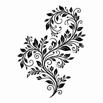 Graceful black floral scroll design with branches, leaves, and swirling tendrils, perfect for wedding invitations, corner borders, or fabric print motifs.