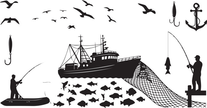 Vector illustration of fishermen on boat and dock fishing with nets and hooks surrounded by fish and seagulls isolated on transparent background