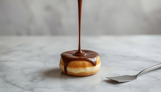 Chocolate sauce drizzling over a glazed donut on marble surface  