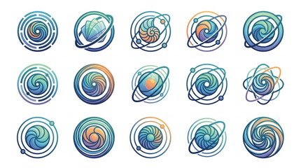 Abstract circular designs with swirling lines and planetary elements. © garen