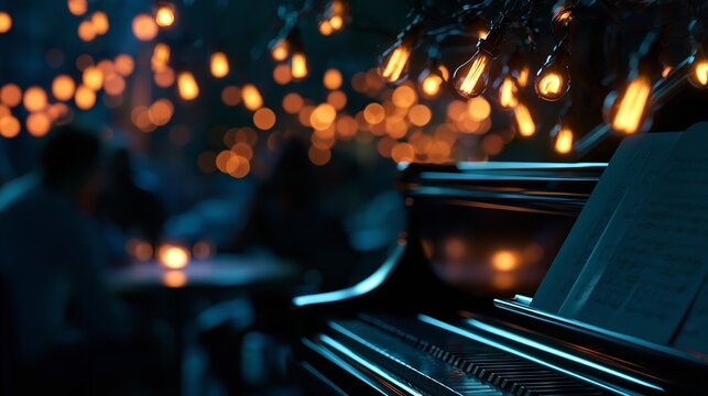 A grand piano rests on a dark stage with sheet music stands while strings of hanging Edison bulbs provide a warm glow over a blurred outdoor dining area