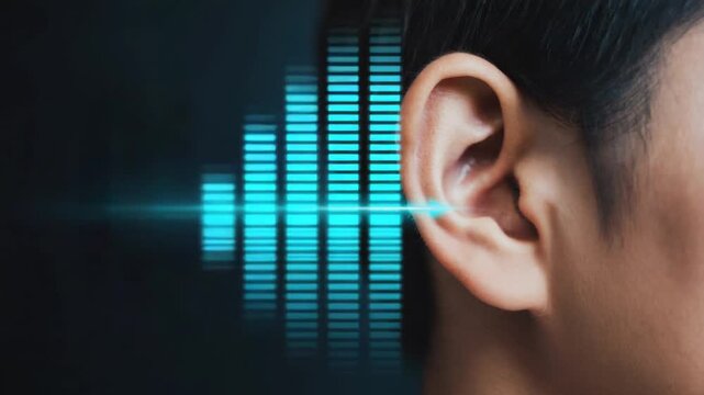 Close-up view of an ear listening to sound waves.