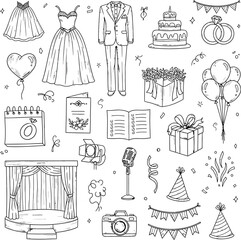 Obraz premium Wedding party icons and elements collection with hand drawn