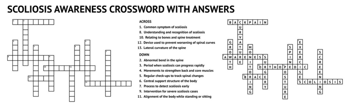 Scoliosis awareness crossword puzzle with answers, educational and engaging activity