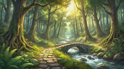 Obraz premium Forest path leading to stone arch bridge over flowing stream. Sunbeams filtering through dense canopy in lush woodland landscape.